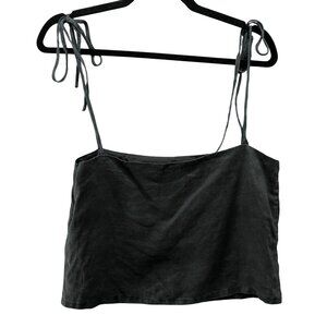 Callelily Cropped Linen Cami Top Womens M Black Tie Sleeve Square Neck